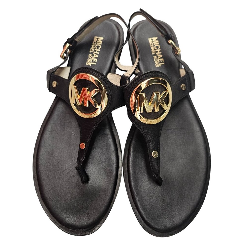 Michael Kors Aubrey Charm Black Leather Thong Sandals With Gold MK Logo Accents